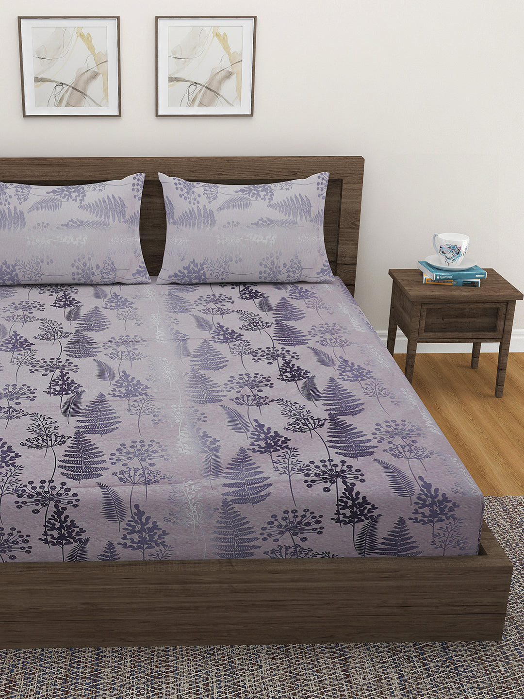 Lavender Woodland Ferns 240 TC Pure Cotton Bedsheet Set with Pillow Cover