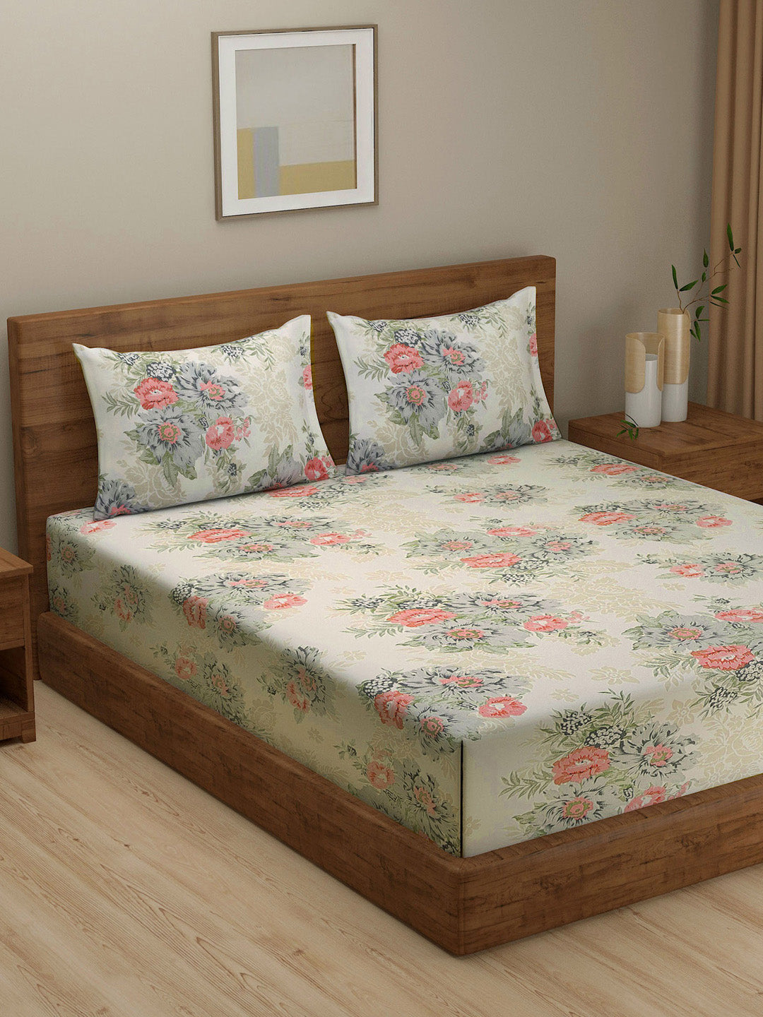 Ivory Coral Vintage Bouquets 240 TC Pure Cotton Bedsheet Set with Pillow Cover
