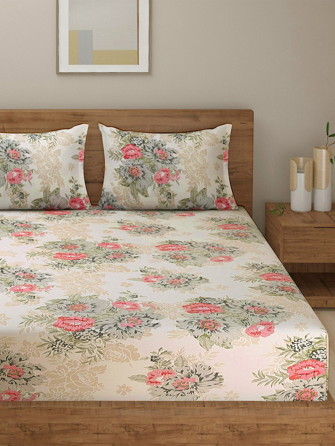 Ivory Coral Vintage Bouquets 240 TC Pure Cotton Bedsheet Set with Pillow Cover