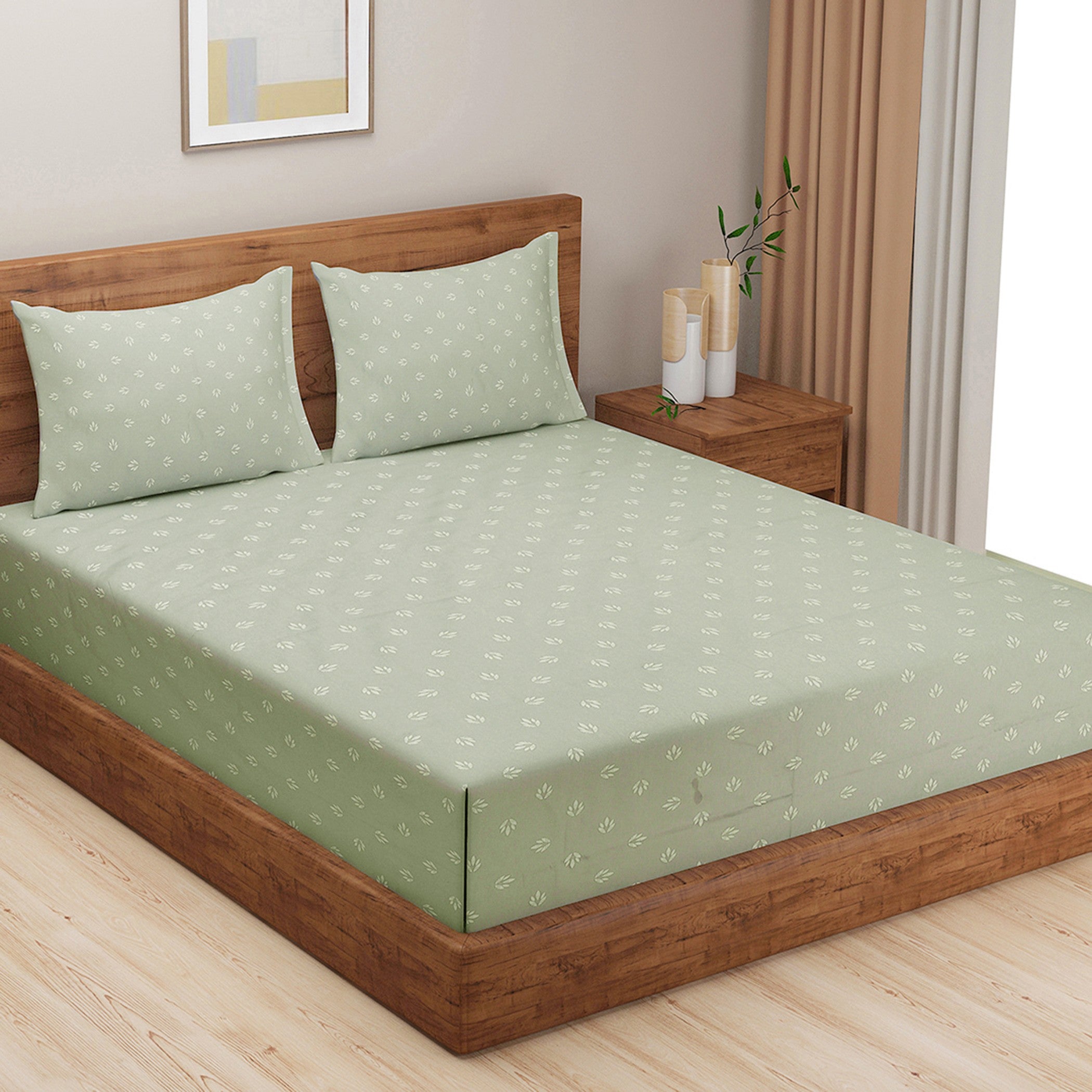 Sage Petite Leaf 250 TC Pure Cotton Bedsheet Set with Pillow Cover