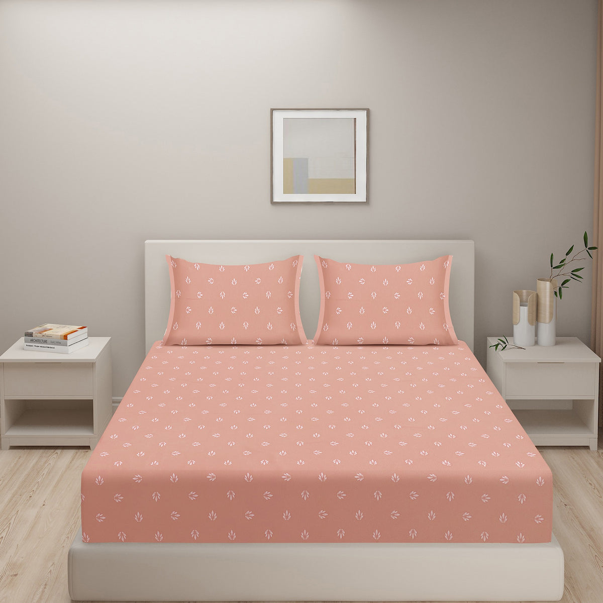 Peach Petite Leaves 250 TC Pure Cotton Bedsheet Set with Pillow Cover