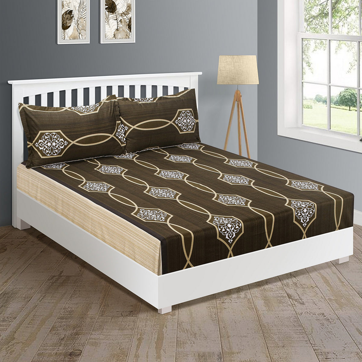 Espresso Ornamental Medallion 250 TC Pure Cotton Bedsheet Set with Pillow Cover