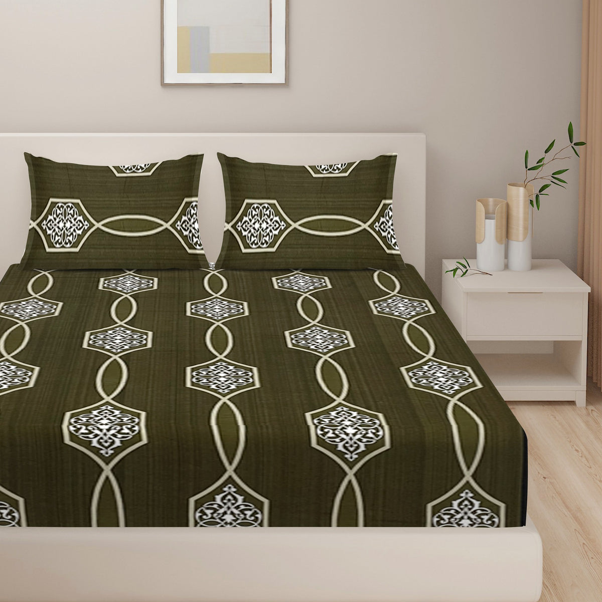 Espresso Ornamental Medallion 250 TC Pure Cotton Bedsheet Set with Pillow Cover