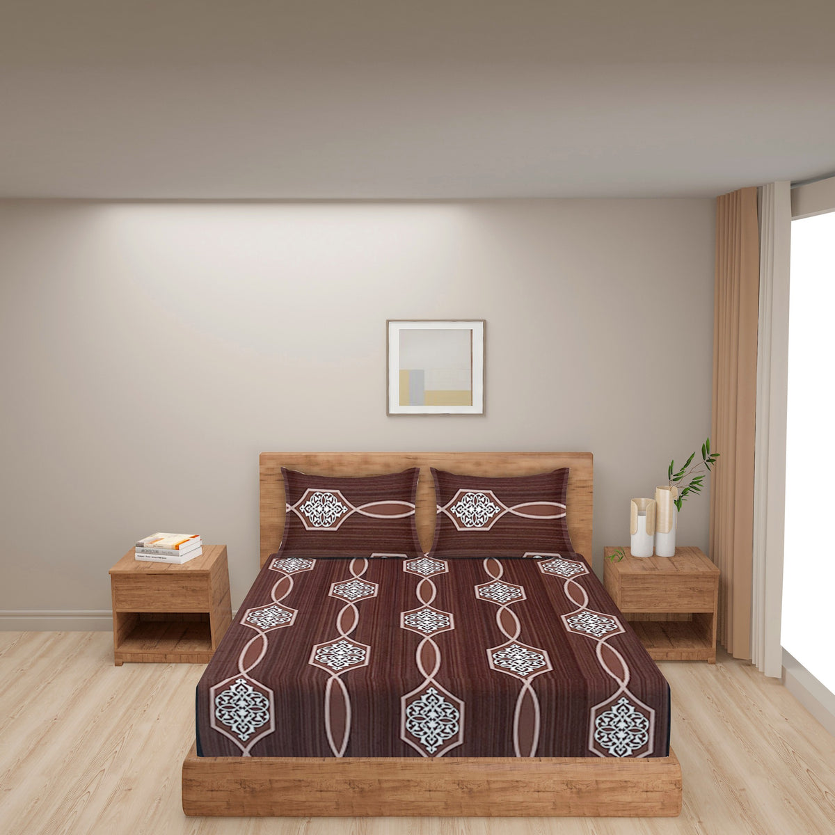 Mocha Ornamental Links 250 TC Pure Cotton Bedsheet Set with Pillow Cover