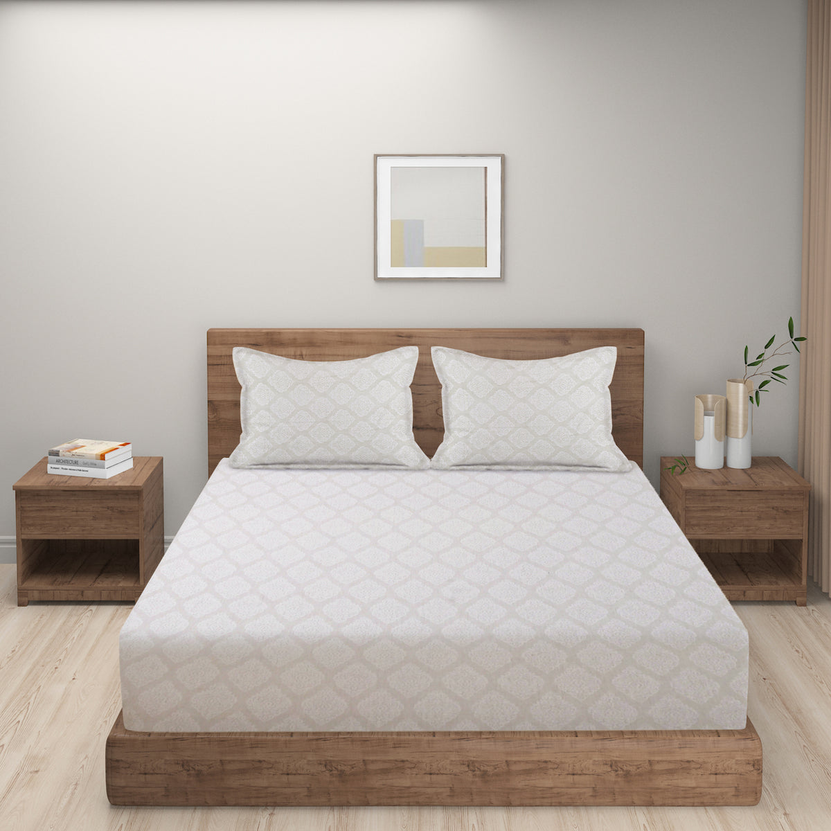 Ivory Damask Lattice 250 TC Pure Cotton Bedsheet Set with Pillow Cover