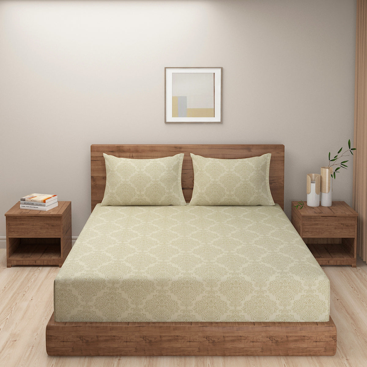 Ivory Classic Damask 250 TC Pure Cotton Bedsheet Set with Pillow Cover