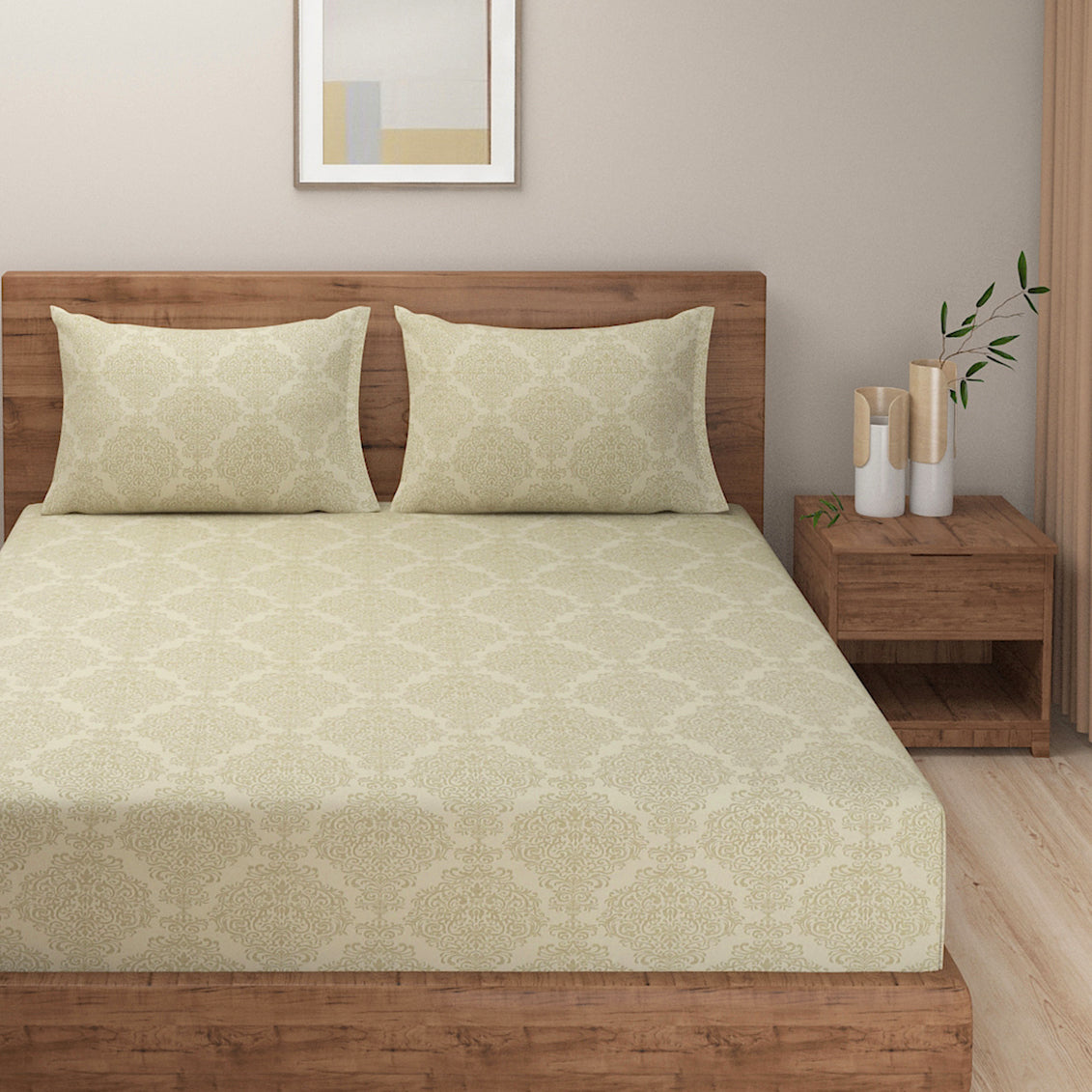 Ivory Classic Damask 250 TC Pure Cotton Bedsheet Set with Pillow Cover