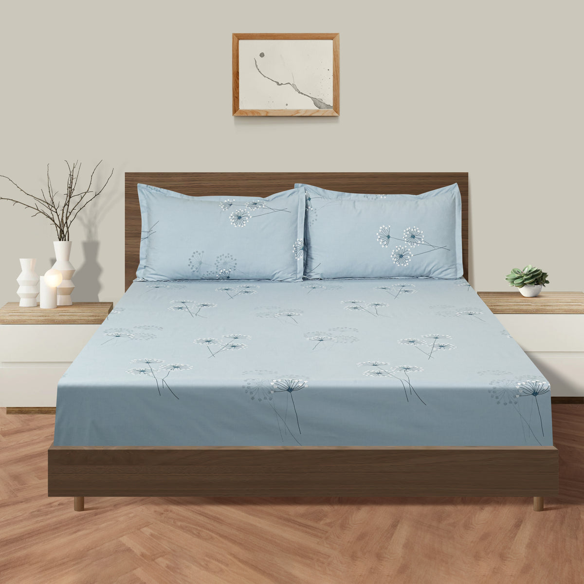 Powder Blue Dandelion Whispers 240 TC Pure Cotton Bedsheet Set with Pillow Cover