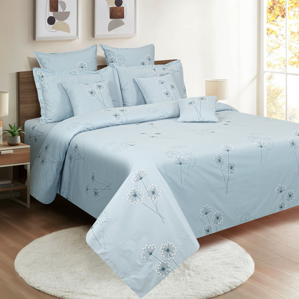 Powder Blue Dandelion Whispers 240 TC Pure Cotton Bedsheet Set with Pillow Cover