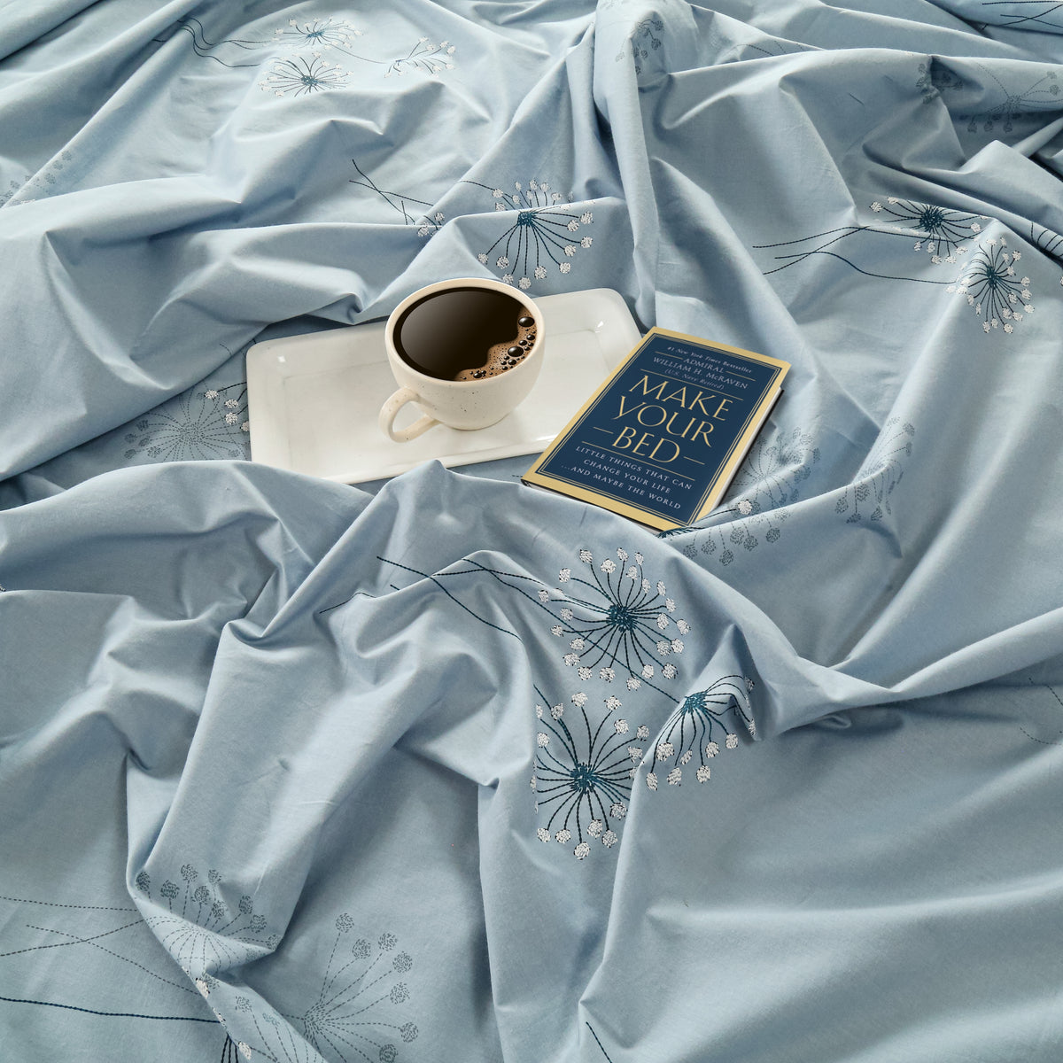 Powder Blue Dandelion Whispers 240 TC Pure Cotton Bedsheet Set with Pillow Cover