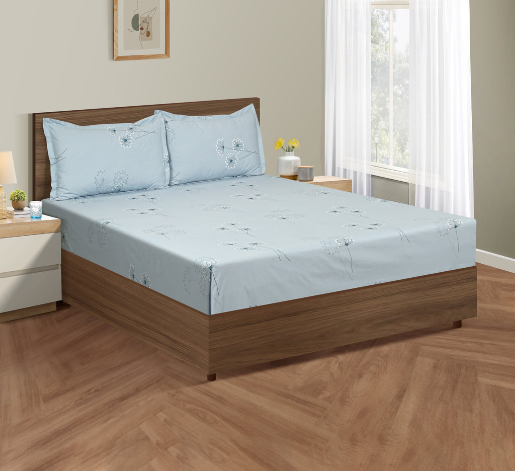Powder Blue Dandelion Whispers 240 TC Pure Cotton Bedsheet Set with Pillow Cover