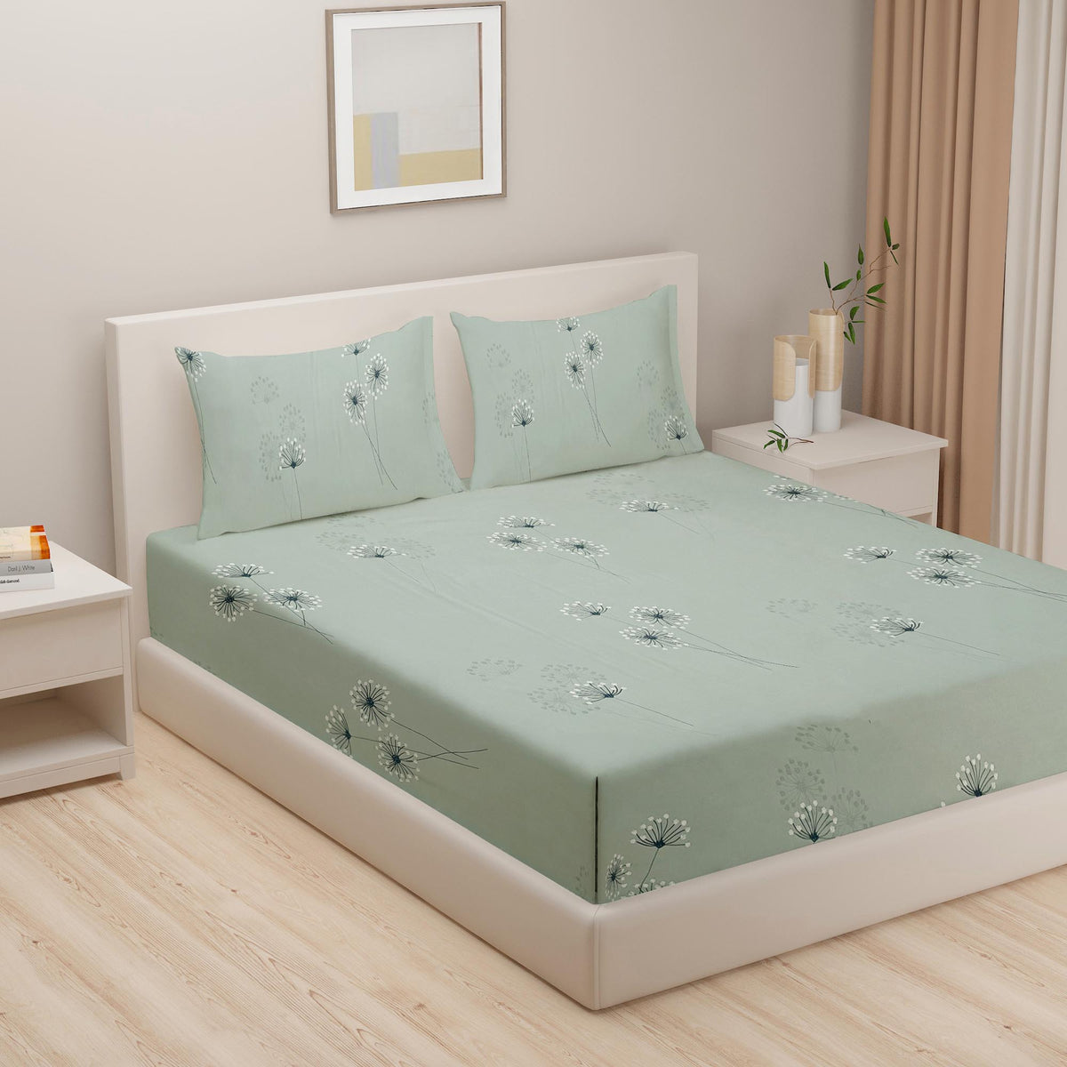 Sage Dandelion Whispers 240 TC Pure Cotton Bedsheet Set with Pillow Cover