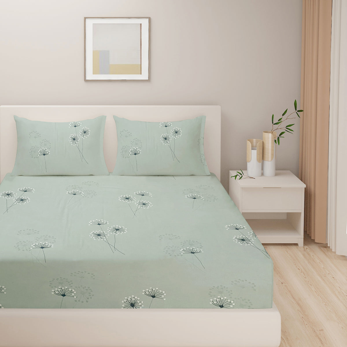 Sage Dandelion Whispers 240 TC Pure Cotton Bedsheet Set with Pillow Cover