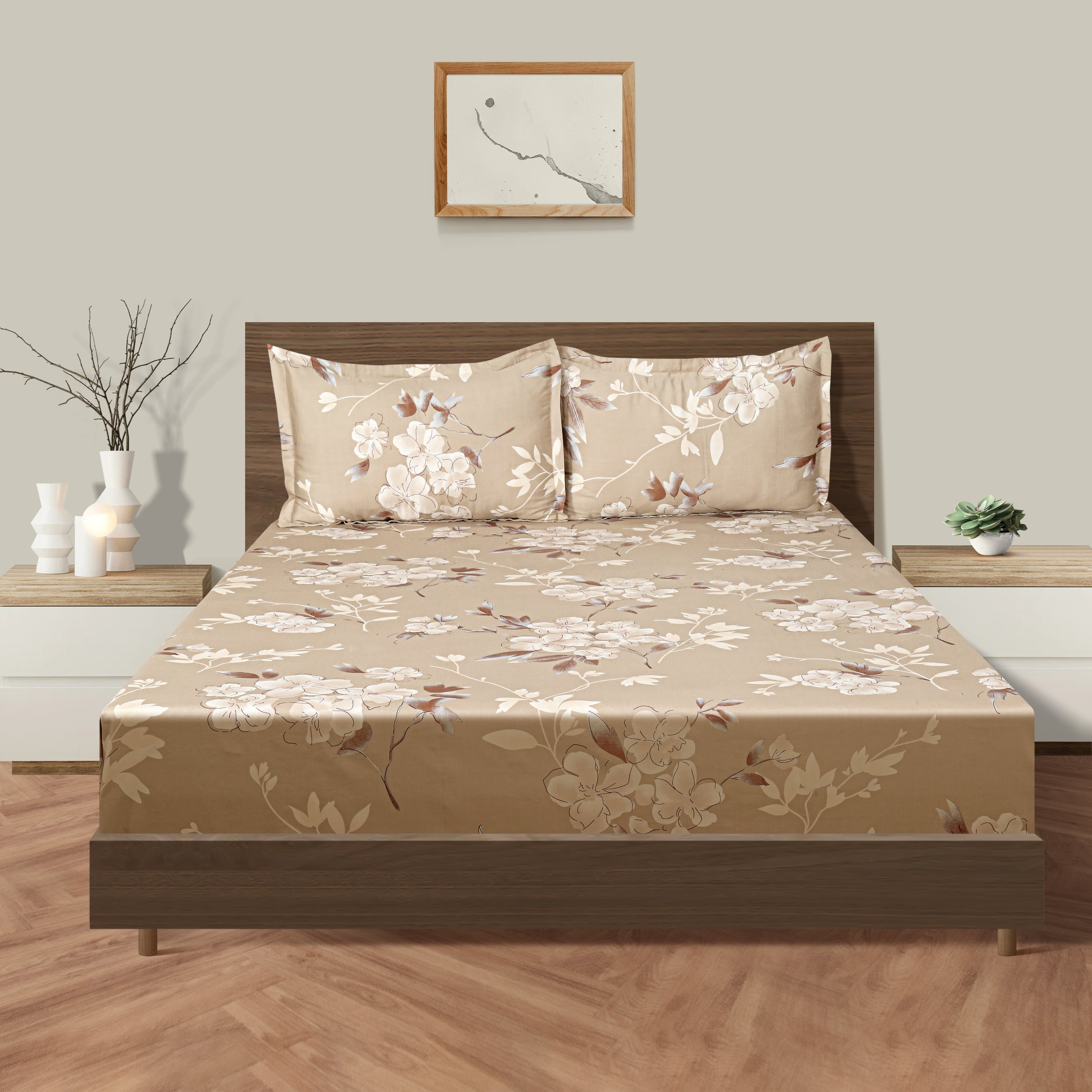 Champagne Magnolia Bloom 250 TC Pure Cotton Bedsheet Set with Pillow Cover