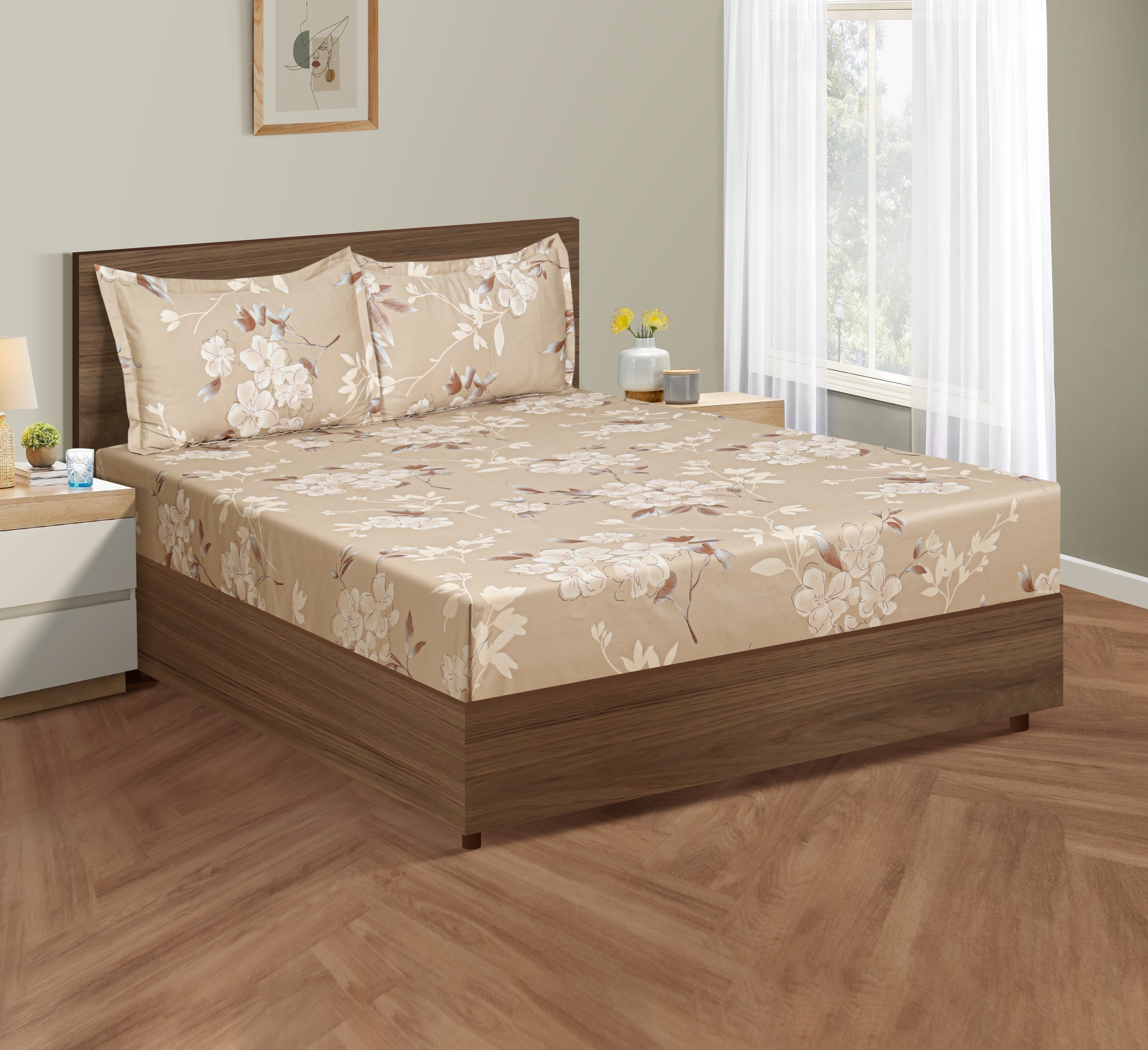Champagne Magnolia Bloom 250 TC Pure Cotton Bedsheet Set with Pillow Cover