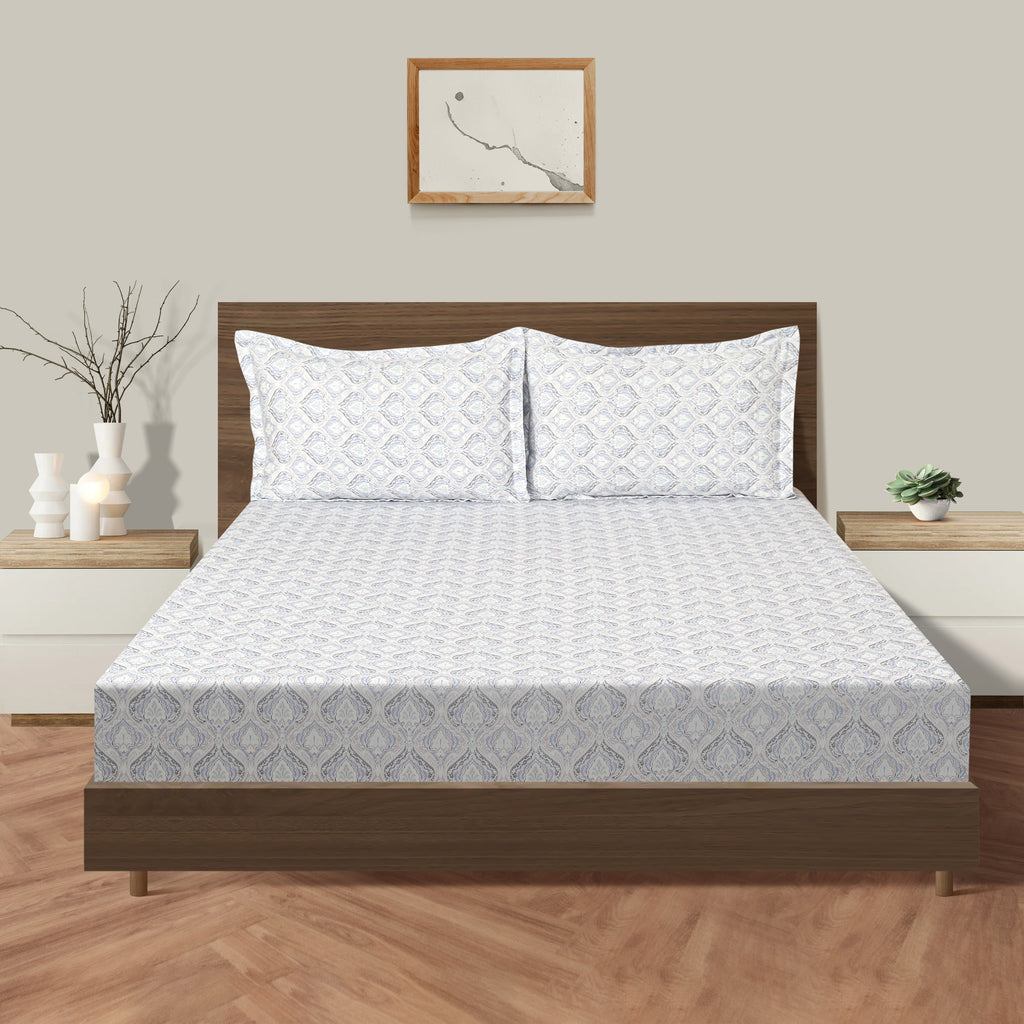Ivory Blue Damask Droplets 240 TC Pure Cotton Bedsheet Set with Pillow Cover
