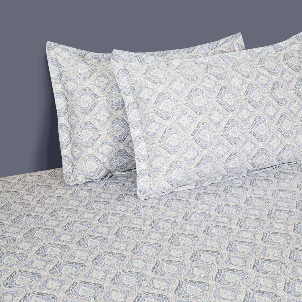 Ivory Blue Damask Droplets 240 TC Pure Cotton Bedsheet Set with Pillow Cover