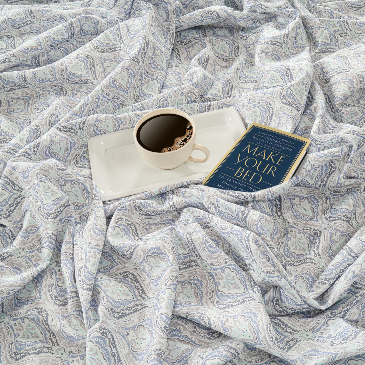 Ivory Blue Damask Droplets 240 TC Pure Cotton Bedsheet Set with Pillow Cover