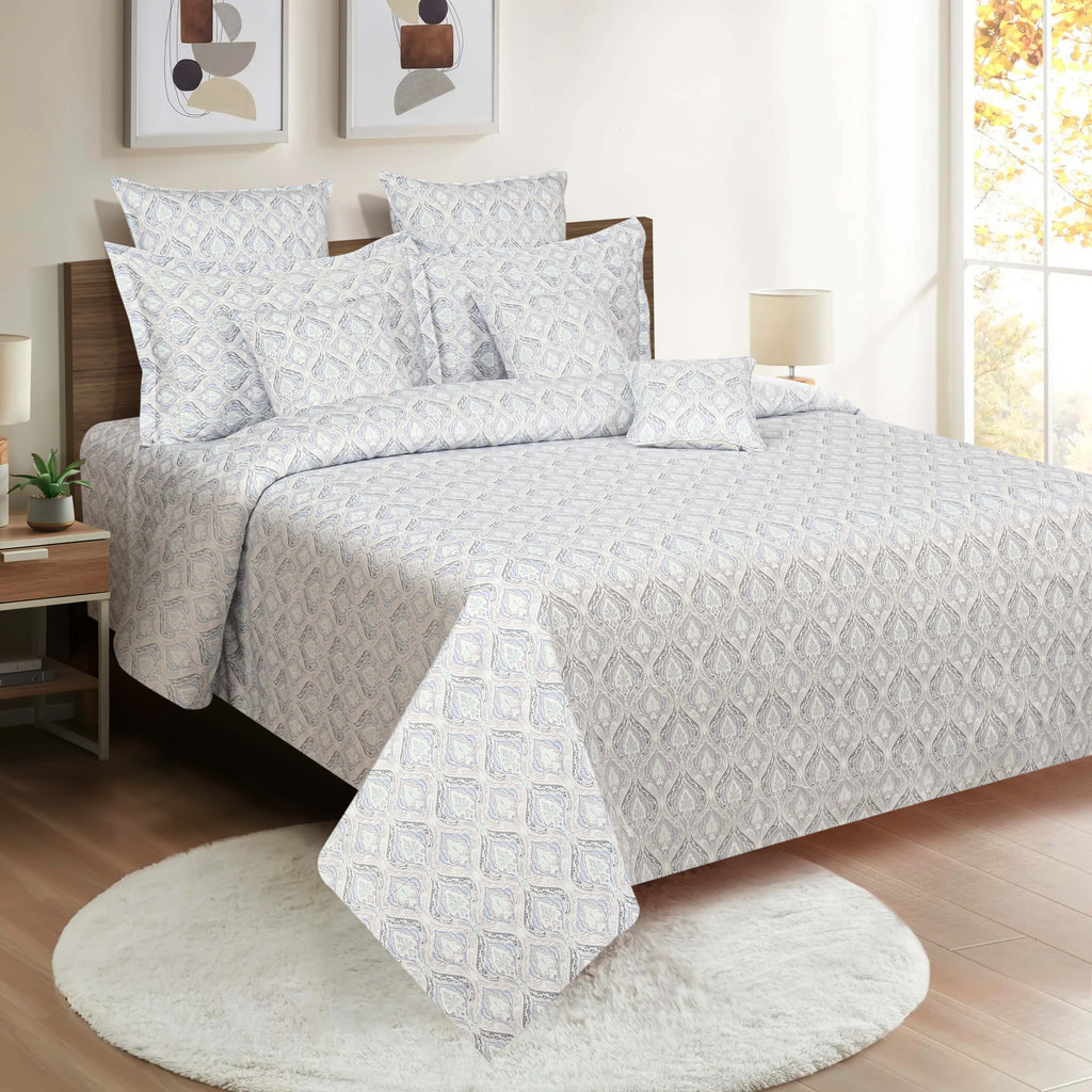 Ivory Blue Damask Droplets 240 TC Pure Cotton Bedsheet Set with Pillow Cover