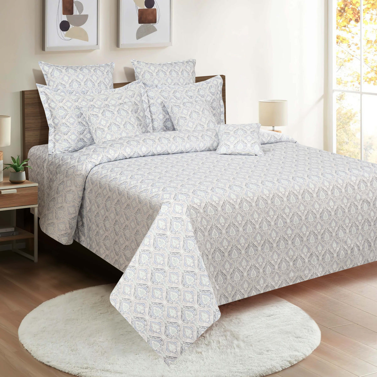 Ivory Blue Damask Droplets 240 TC Pure Cotton Bedsheet Set with Pillow Cover