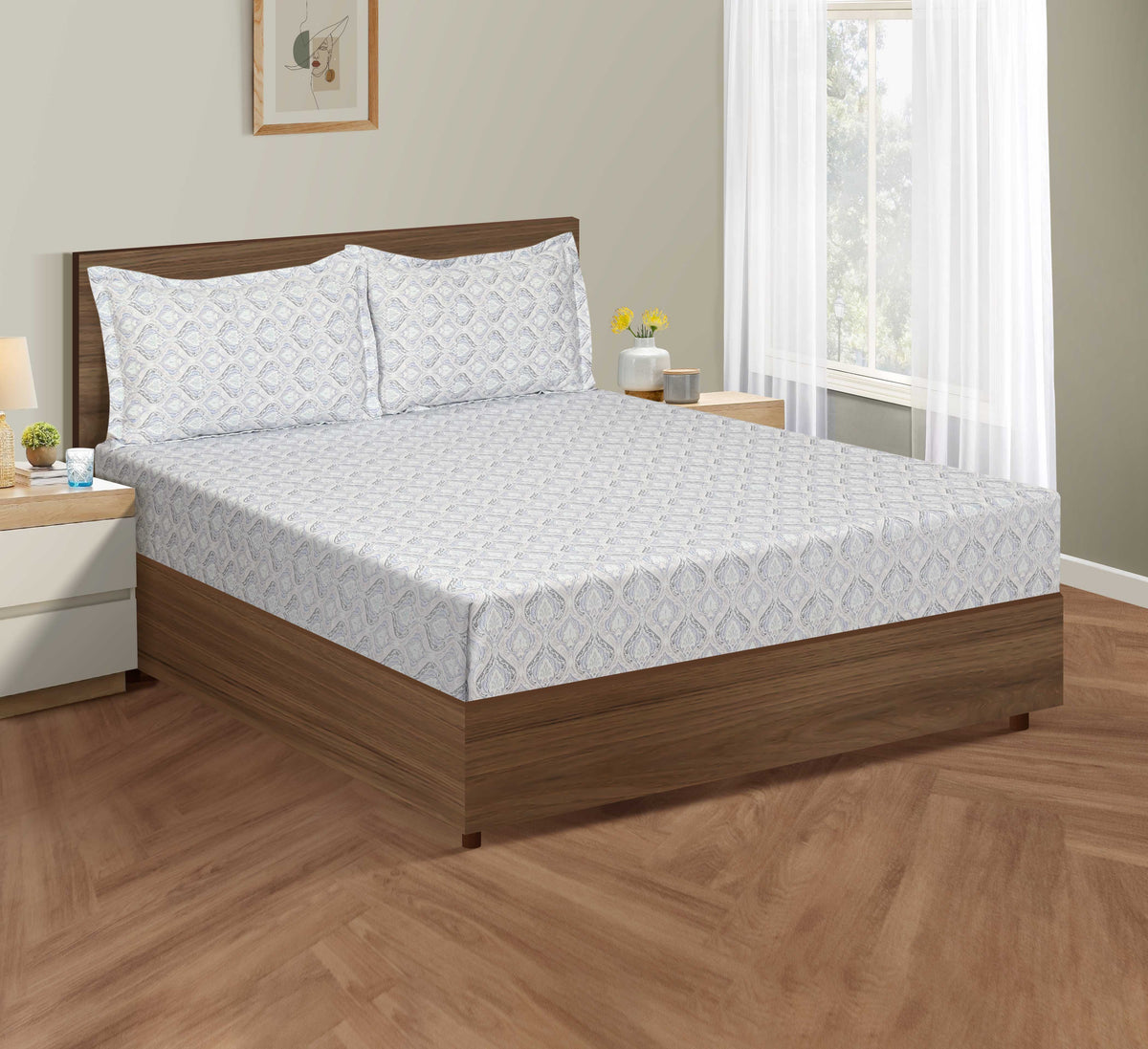 Ivory Blue Damask Droplets 240 TC Pure Cotton Bedsheet Set with Pillow Cover