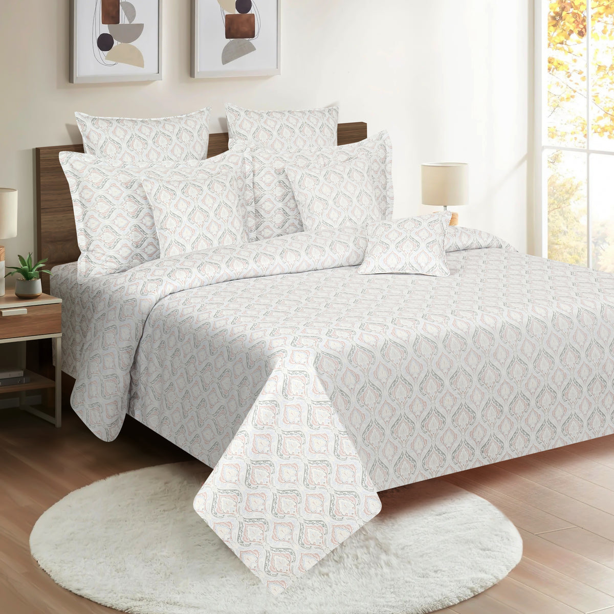 Blush Ornamental Trellis 250 TC Pure Cotton Bedsheet Set with Pillow Cover