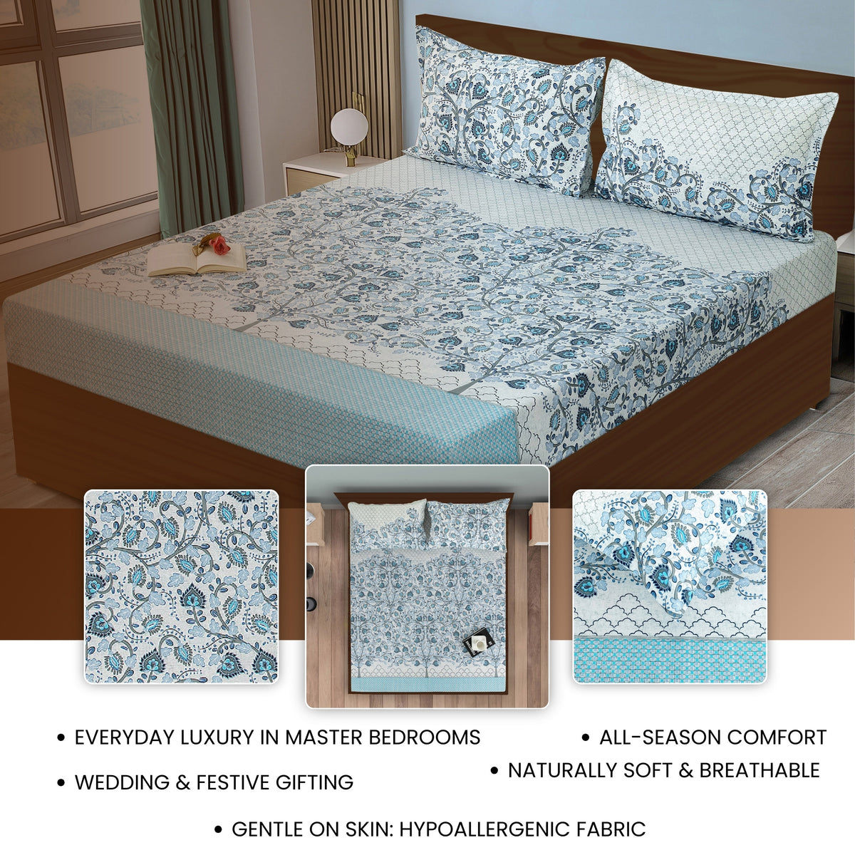 Aqua Paisley Tree 250 TC Pure Cotton Bedsheet Set with Pillow Cover