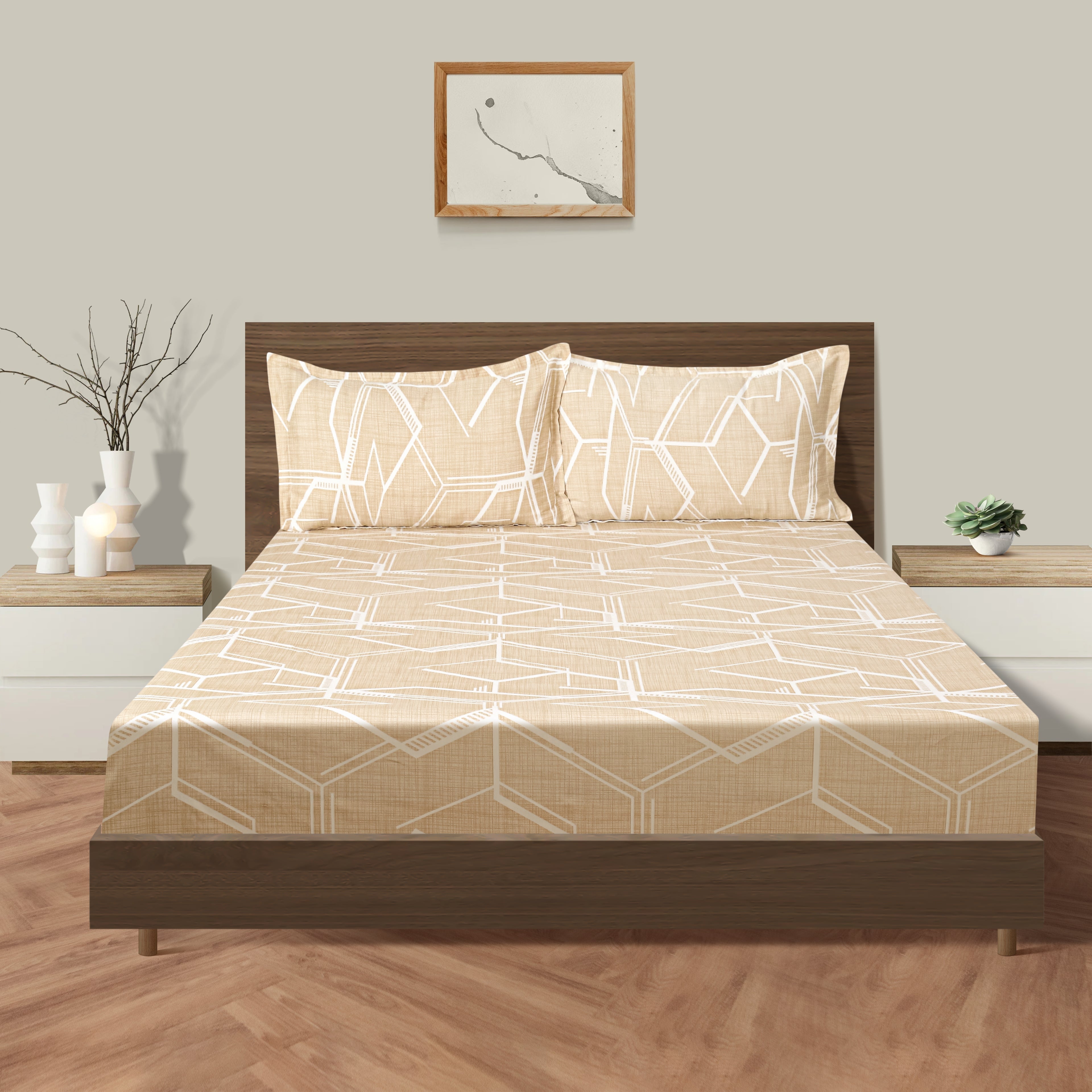 Sandstone Linear Maze 250 TC Pure Cotton Bedsheet Set with Pillow Cover