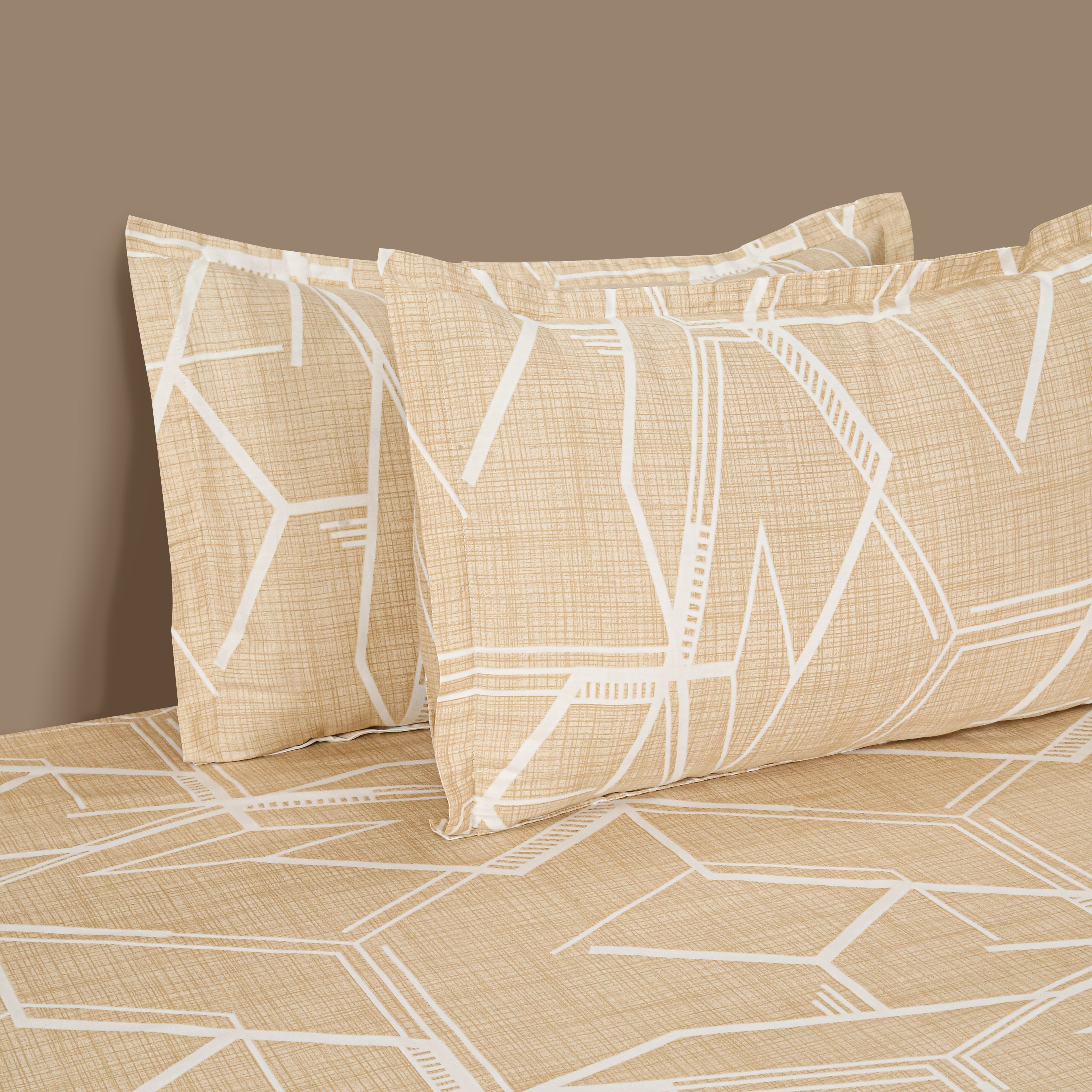 Sandstone Linear Maze 250 TC Pure Cotton Bedsheet Set with Pillow Cover
