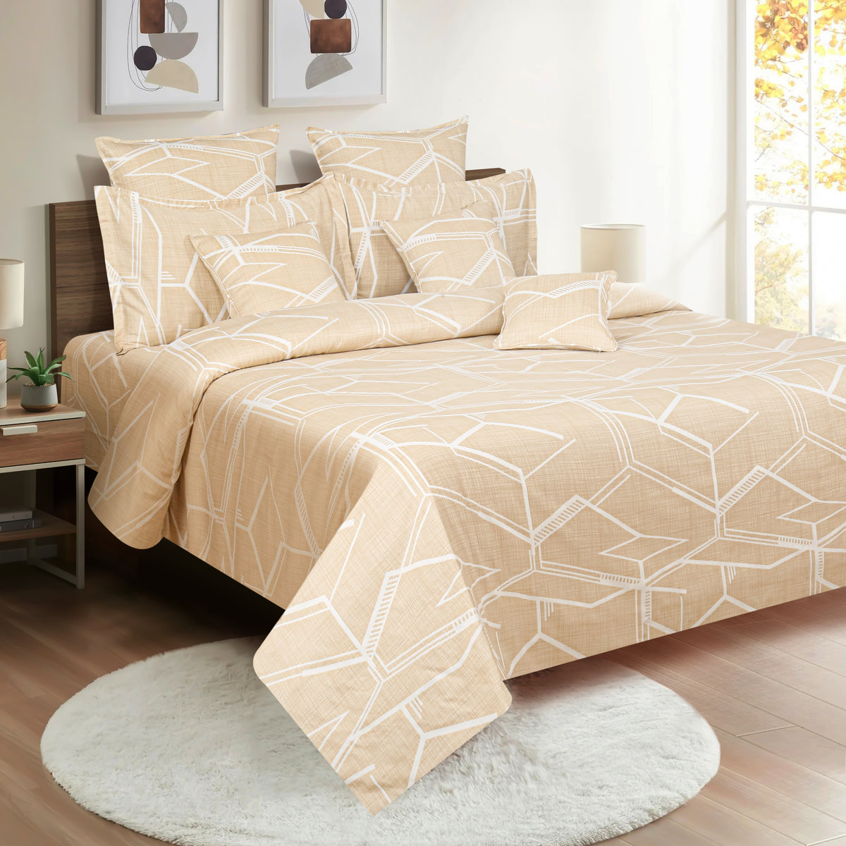 Sandstone Linear Maze 250 TC Pure Cotton Bedsheet Set with Pillow Cover