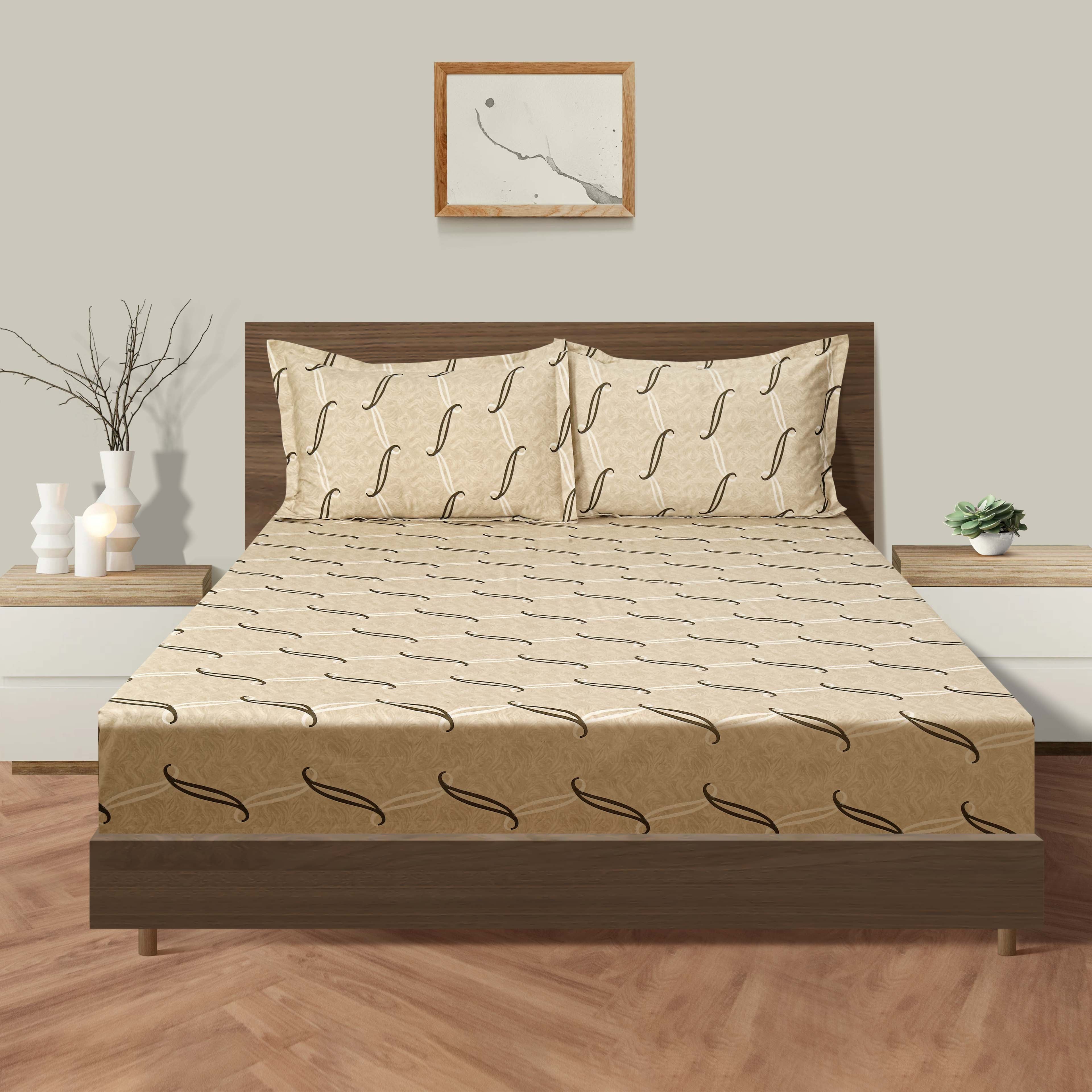 Sandstone Flowing Ribbons 250 TC Pure Cotton Bedsheet Set with Pillow Cover