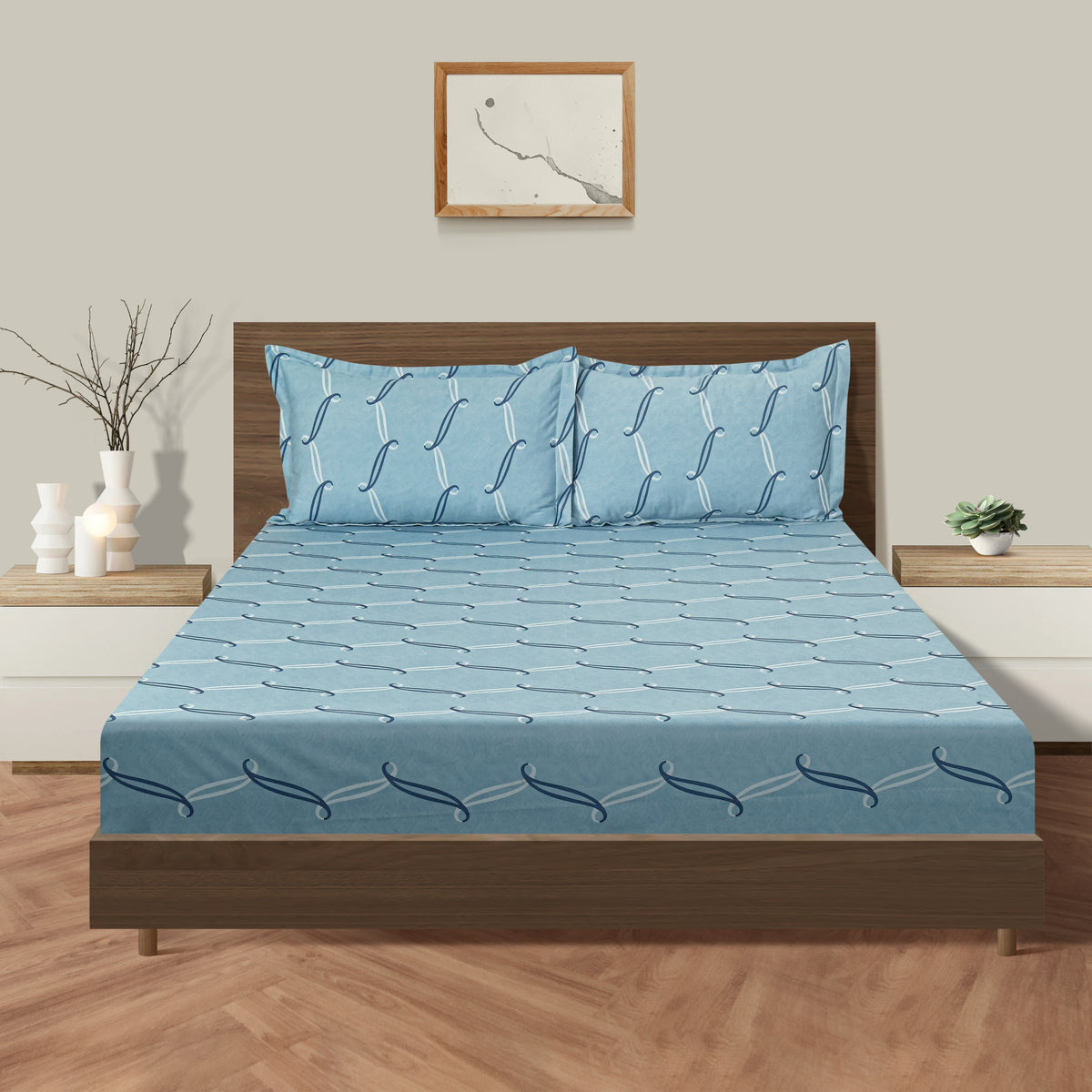 Sky Blue Flowing Ribbons 250 TC Pure Cotton Bedsheet Set with Pillow Cover