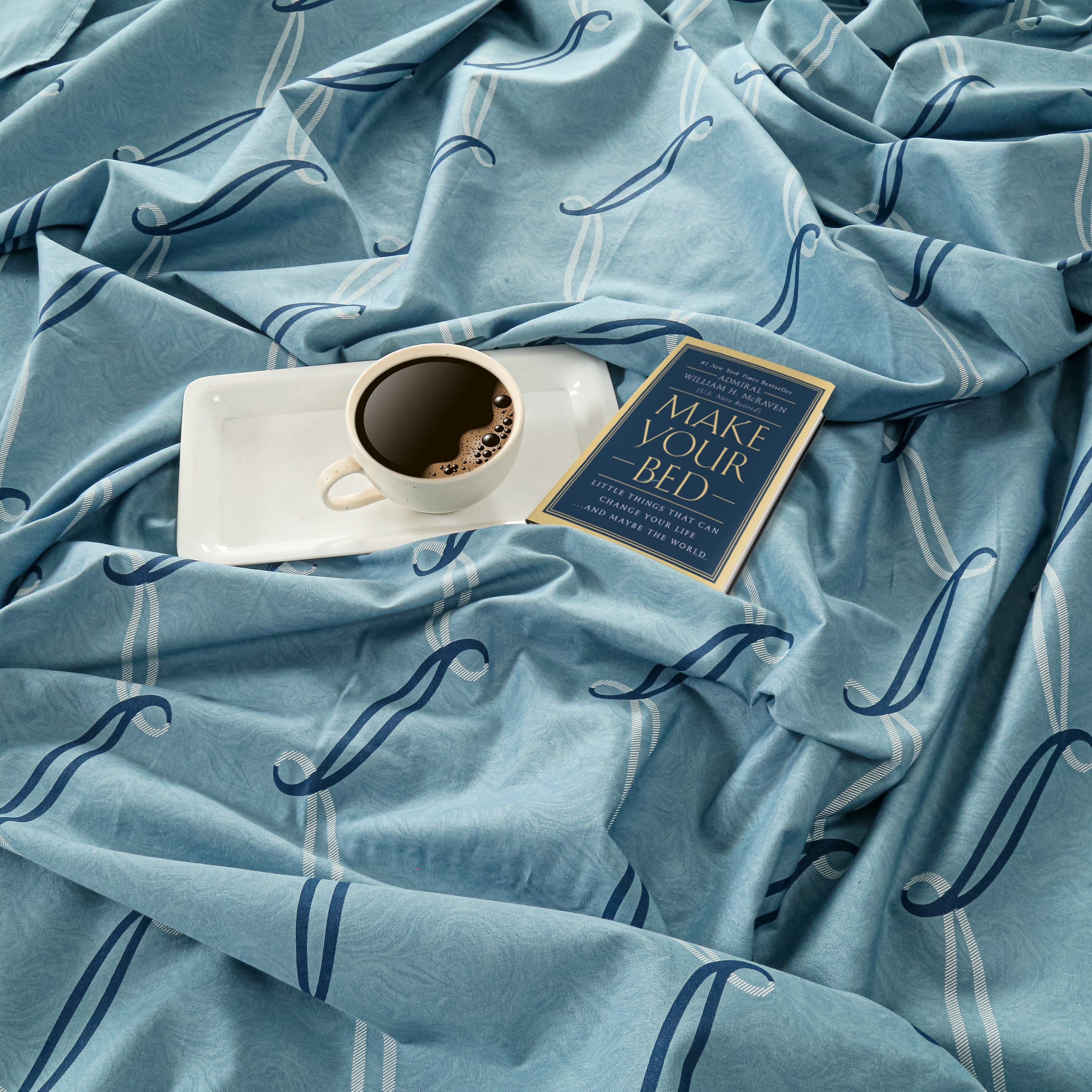 Sky Blue Flowing Ribbons 250 TC Pure Cotton Bedsheet Set with Pillow Cover