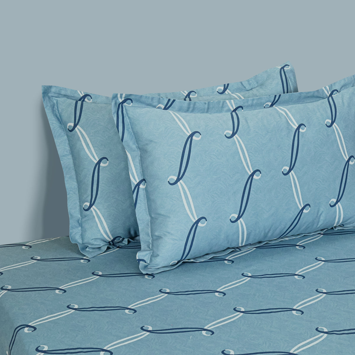Sky Blue Flowing Ribbons 250 TC Pure Cotton Bedsheet Set with Pillow Cover