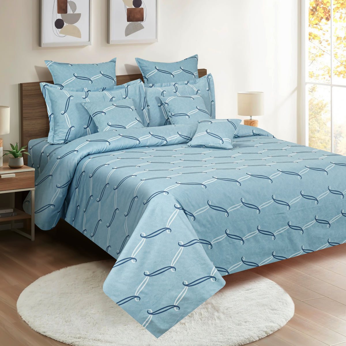Sky Blue Flowing Ribbons 250 TC Pure Cotton Bedsheet Set with Pillow Cover