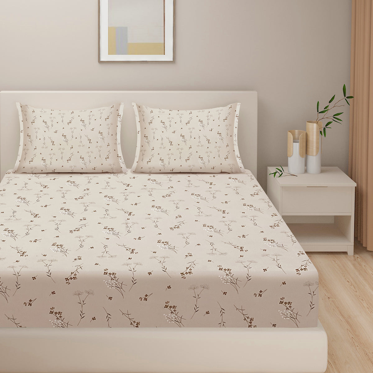 Ivory Delicate Wildflowers 250 TC Pure Cotton Bedsheet Set with Pillow Cover