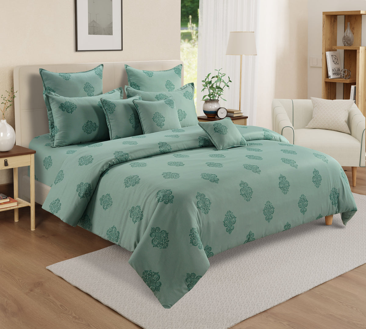 Mint Green Regal Medallions 240 TC Pure Cotton Bedsheet Set with Pillow Cover