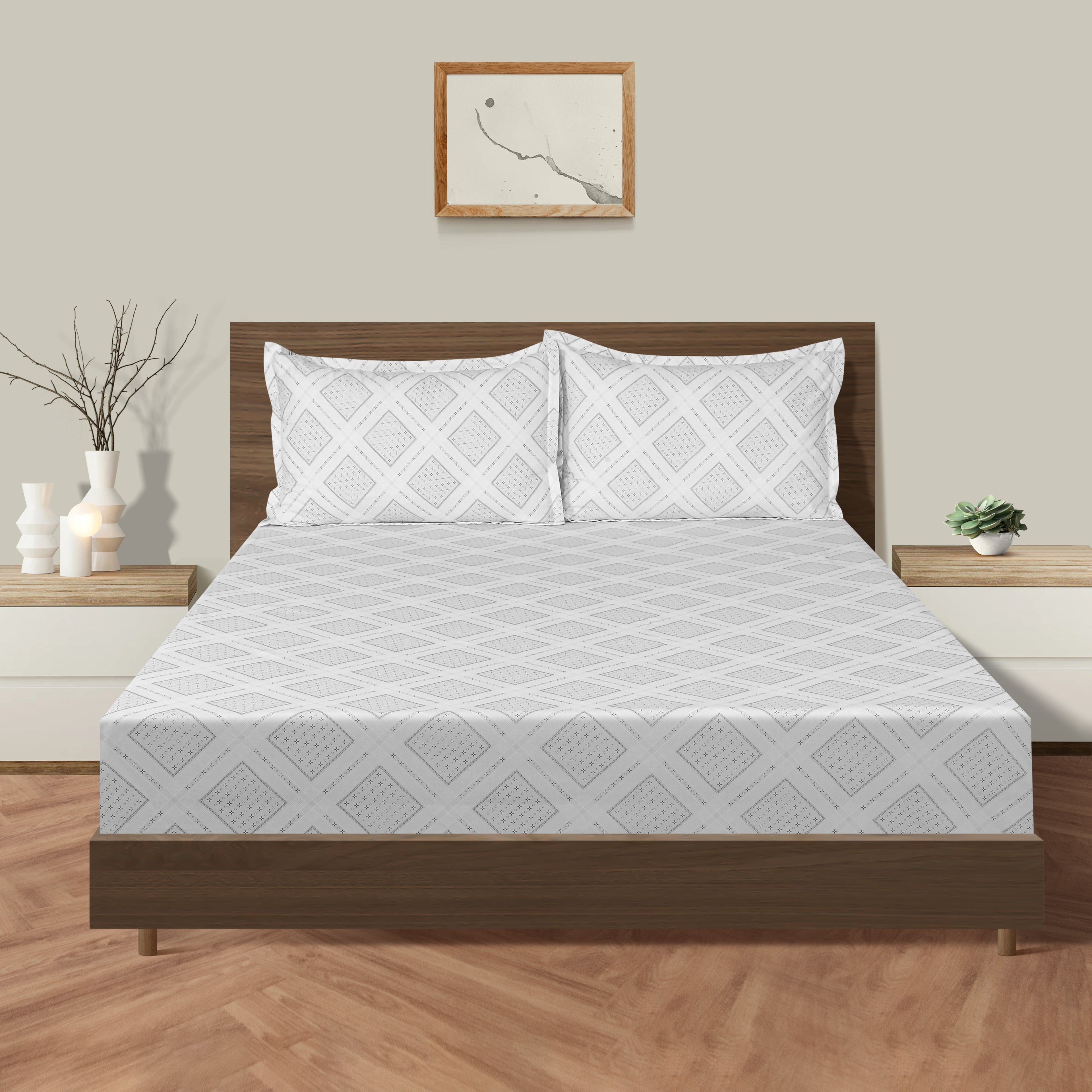 Silver Diamond Lattice 250 TC Pure Cotton Bedsheet Set with Pillow Cover