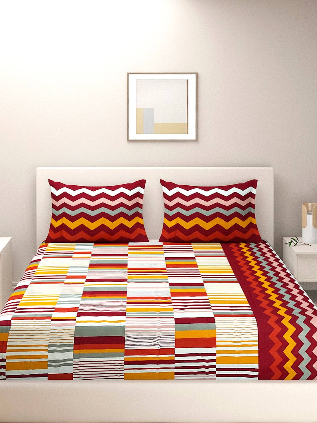 Crimson Mosaic 144 TC Pure Cotton Bedsheet Set with Pillow Cover