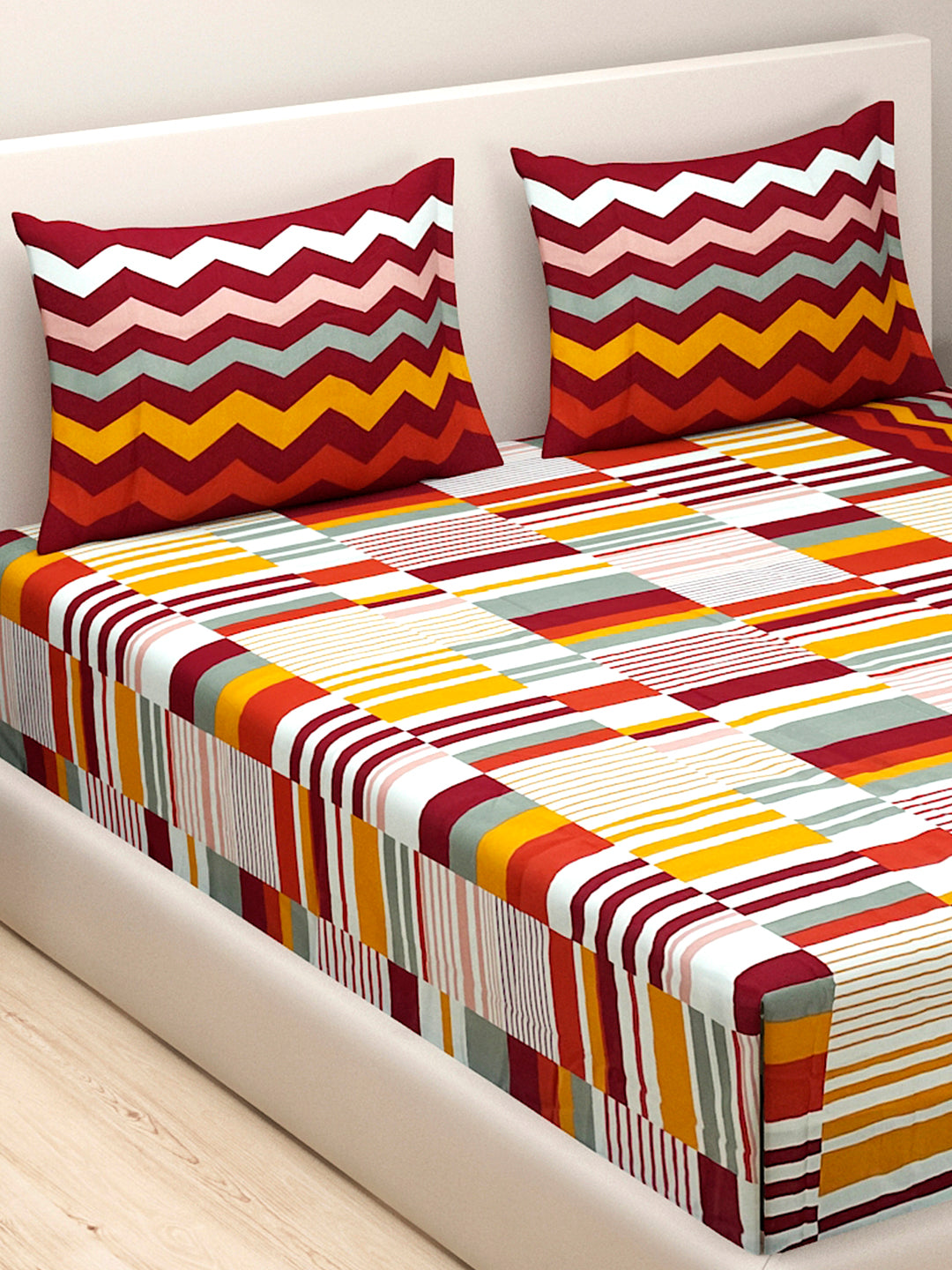 Crimson Mosaic 144 TC Pure Cotton Bedsheet Set with Pillow Cover