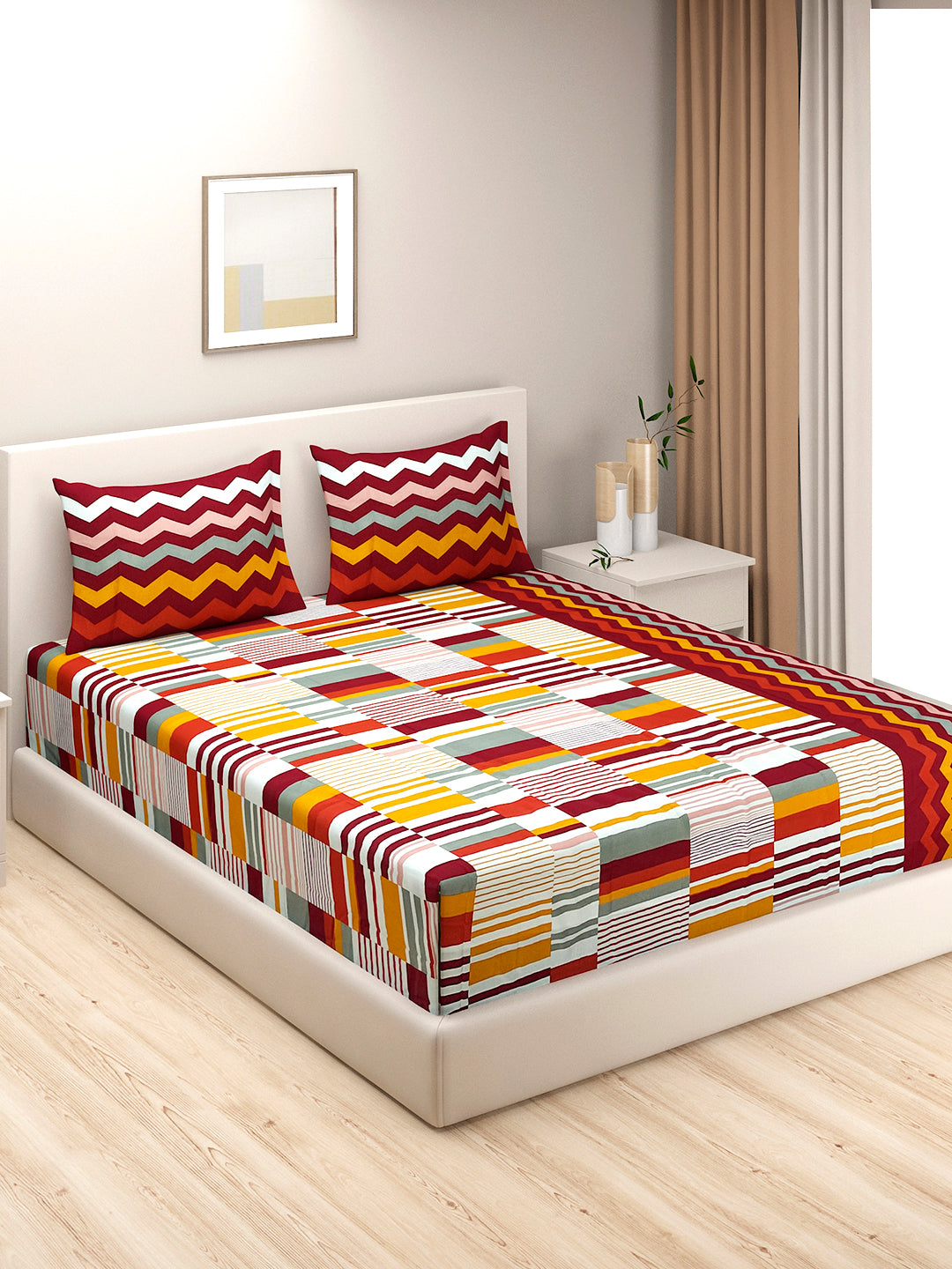 Crimson Mosaic 144 TC Pure Cotton Bedsheet Set with Pillow Cover