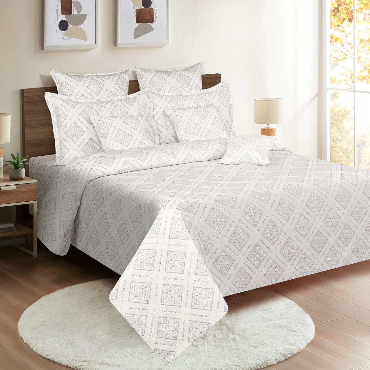 Silver Diamond Lattice 250 TC Pure Cotton Bedsheet Set with Pillow Cover