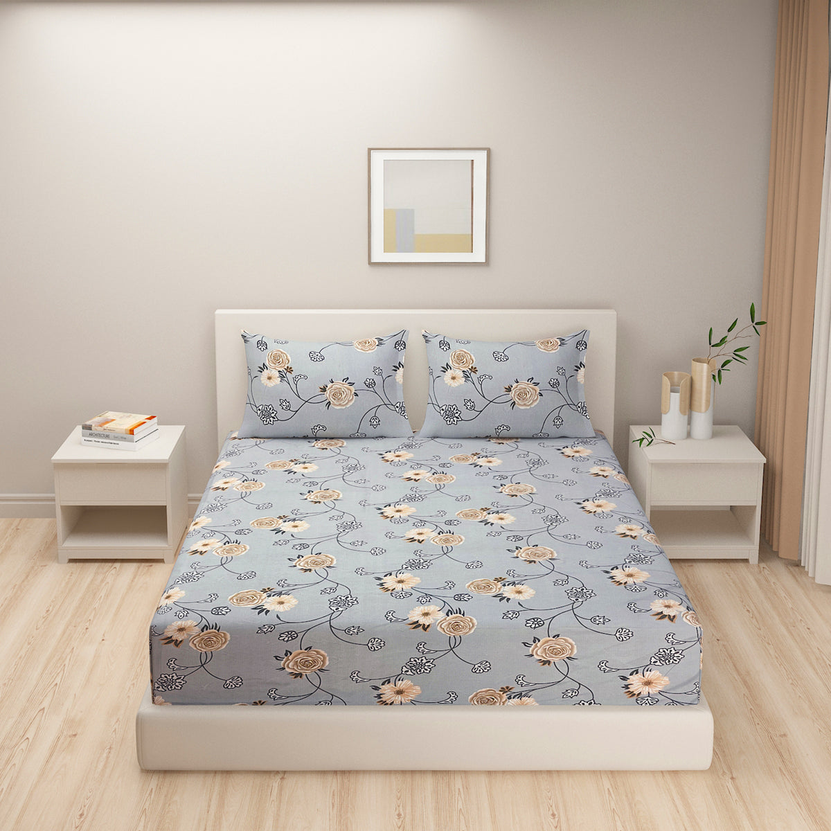 Silver Rose Vine 180 TC Blended Cotton Bedsheet Set with Pillow Cover