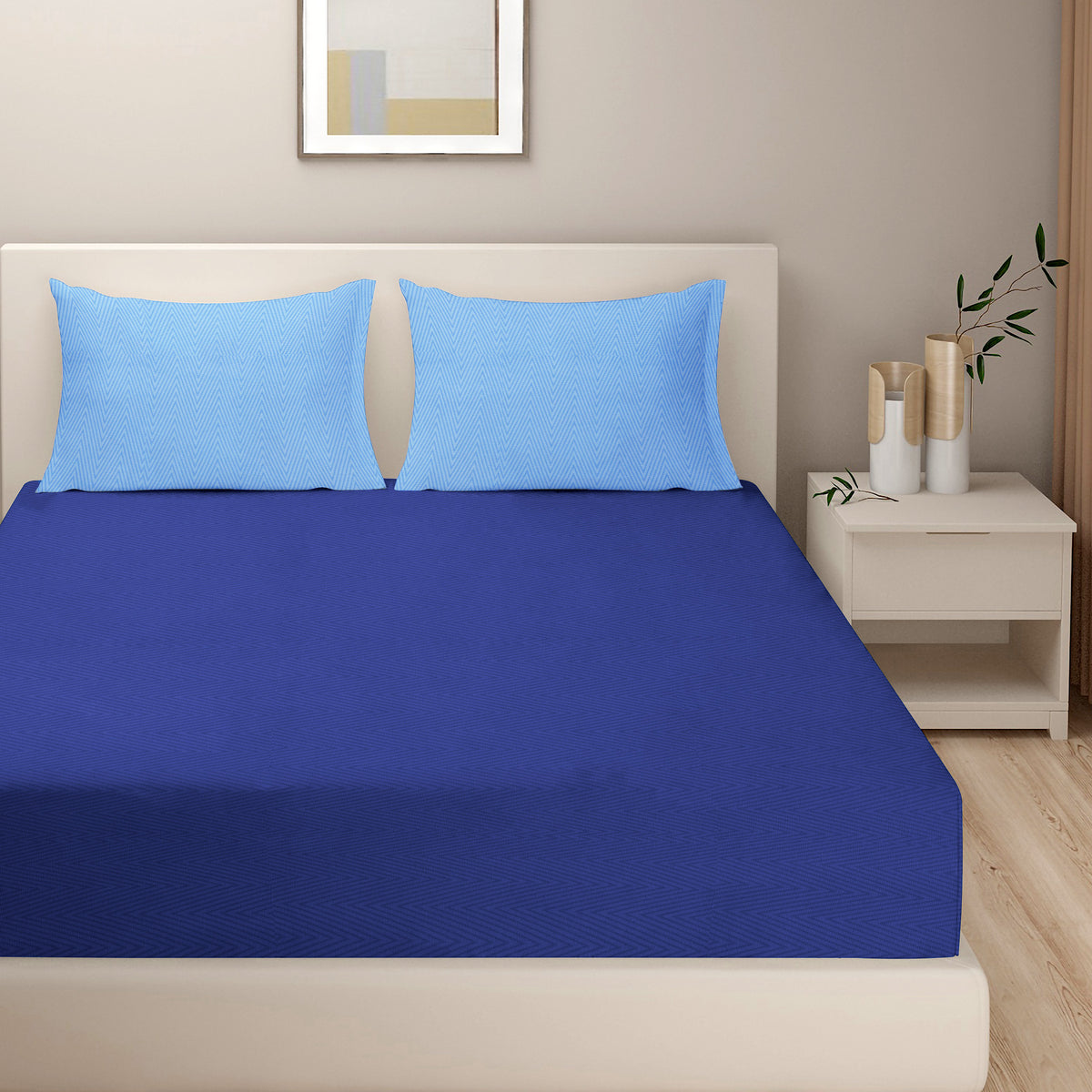 Royal Blue Chevron Harmony 180 TC Pure Cotton Bedsheet Set with Pillow Cover